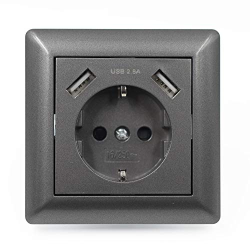 Jindia 2.4A Schuko Gris Enchufe para la pared con 2 puertos de carga USB, toma USB Sockets de pared