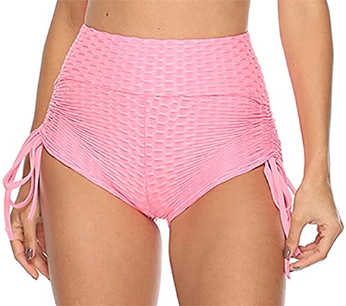 Joligiao Pantalones Cortos Deportivos Shorts Yoga De Cintura Alta Ropa De Sports Cómodas Pantalones Cortos Sin Costuras Shorts con Cordón Fitness Running Pants Push Up Caderas,Rosa,L