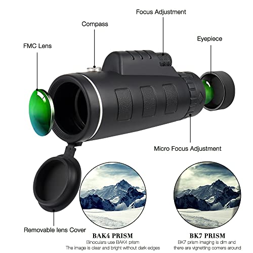 Jooheli Telescopio monocular, 40 x 60 HD Monoculares Telescopio BAK4 FMC Prisma Impermeable con Soporte para Smartphone y Trípode para Caza, Observación de Aves, Caza y Viajes