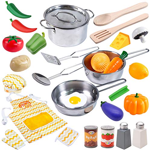 JOYIN Juguetes de Cocina Acero Inoxidable 30 Piezas Set Utensilios de Cocina Culinario Mini Cocina de Juguete Incluye Múltiples Accesorios para Niños