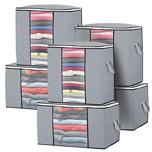 Juego de 6 Bolsa de Almacenamiento Gruesa Plegable Organizador de Ropa de Gran Capacidad con Asa Reforzada y Ventana Transparente para Edredones Mantas Almohadas Juguetes Chaquetas Ropa Pluches,Gris