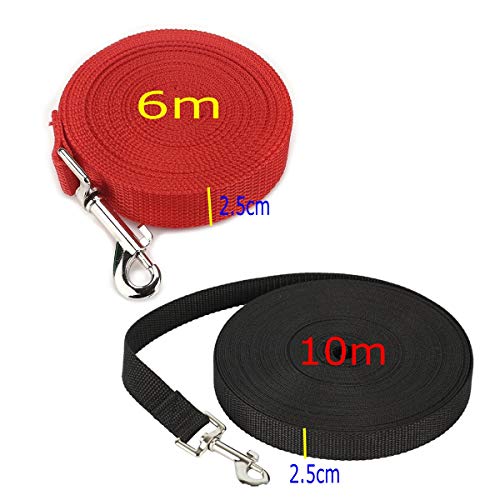 JZK 2 x Correa de Adiestramiento para Perros Larga Correas Nylon para Grande, Medio y Perros pequeños para Correr y Entrenamiento (Negro 10m, Rojo 6m)