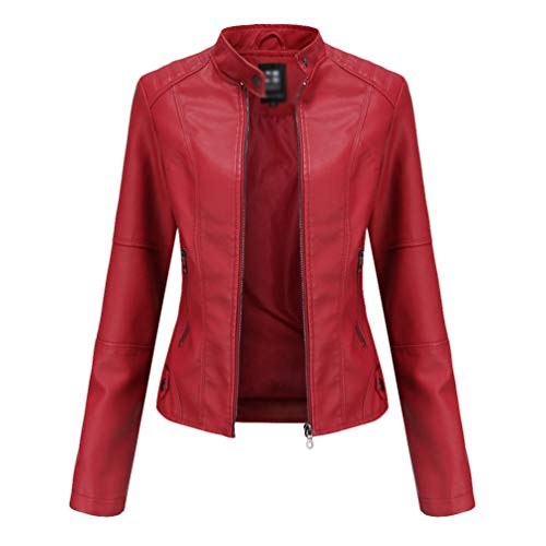 Kaiyei Chaquetas de PU Cuero Sintetico Mujer Slim Fit Fina Cuello Alto Primavera Otoño Manga Larga Elegante Jacket Cortas Cazadora Biker con Cremalleras Rojo L