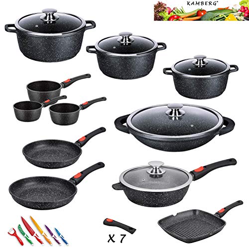 Kamberg 0008162 - Batería de cocina (27 piezas, hierro fundido, revestimiento de piedra, apta para todo tipo de cocinas, incluida inducción, mango extraíble, sin PFOA)