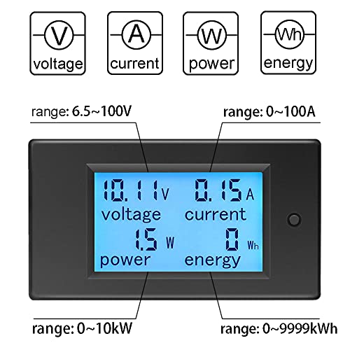 KETOTEK Voltimetro Amperimetro Digital 4 en 1 con 100A Shunt DC 6,5-100V, Medidor de Potencia Energia Electrica Probador de Voltaje Amperaje de Panel (Multimetro+100A/75mV shunt)