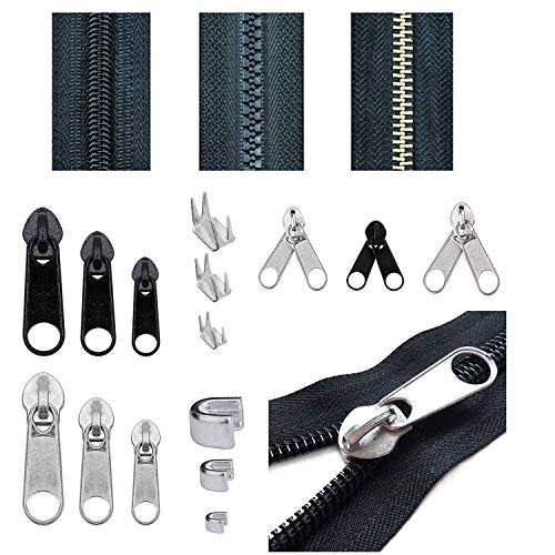 Kit de Reparación de Cremalleras 85 Piezas Reemplazo de Cremallera con Instale Pinzas para Bolsas de Bricolaje Chaquetas Maletas Mochilas Plata y Negro