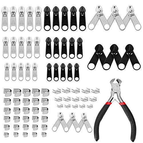 Kit de Reparación de Cremalleras 85 Piezas Reemplazo de Cremallera con Instale Pinzas para Bolsas de Bricolaje Chaquetas Maletas Mochilas Plata y Negro