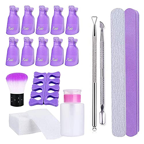 Kit de Uñas Removedor el Esmalte,10pcs Clip Uñas de Plastico,100 Removedor Almohadillas,Lima de Uñas,Raspador,Empujador de Cutículas,Cepillo para Uñas,Botella Dispensadora, separadores de dedos