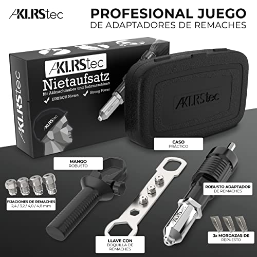 KLRStec Profesional Adaptador de Remachadora de Taladro o Inalámbrico para remaches en tamaños 2,4/3,2/4,0/4,8 mm