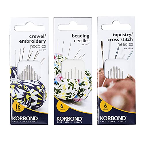 Korbond Pack de 3 juegos de agujas de coser: 16 agujas para bordar, 6 agujas de punto de cruz o para lana y 6 agujas para cuentas, para coser a mano, arreglos, remiendos y manualidades