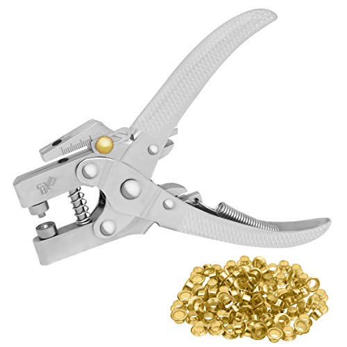 Kurtzy Alicates Remachadora Ojales con 100 Ojales – Perforadora Ojetes Cinturón Cuero 16 cm – Ojales de Metal Dorados de 7,2 mm - Sacabocados Cuero, Tela, Ropas, Zapatos, Bolsos y Manualidades