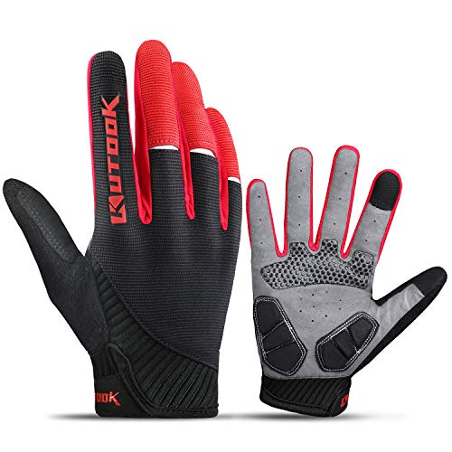 KUTOOK Guantes Ciclismo Largos Transpirables Hombres con Acolchadas De EVA Función Táctil Guantes MTB Gel Antideslizante(Rojo,L)