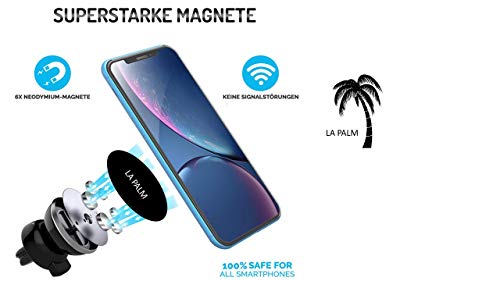 LA PALM Soporte magnético giratorio 360° para teléfono móvil como accesorio de coche para smartphones para fijación en la rejilla de ventilación del coche, universal, color plateado