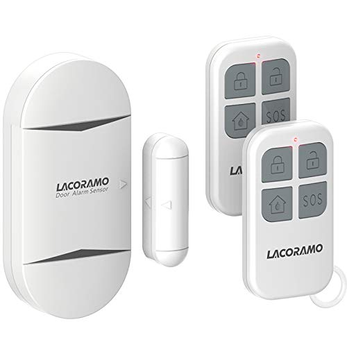 LACORAMO 130db Sensor de alarma para puertas y ventanas con 2 controles remotos, 2 baterías, campana de apertura de contacto magnético inalámbrico para niños, hogar, refrigerador, tienda (1 paquetes)