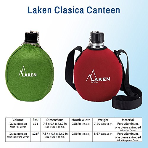 Laken Clásica, Cantimplora de Aluminio con Fonda de Neoppreno, Rojo, 1 L