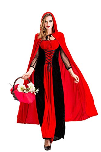 LATH.PIN Disfraz de Caperucita roja para mujer Halloween Cosplay Vestido Carnaval con Capa con Capucha Tallas Grandes, rojo, XL