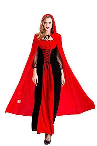 LATH.PIN Disfraz de Caperucita roja para mujer Halloween Cosplay Vestido Carnaval con Capa con Capucha Tallas Grandes, rojo, XL