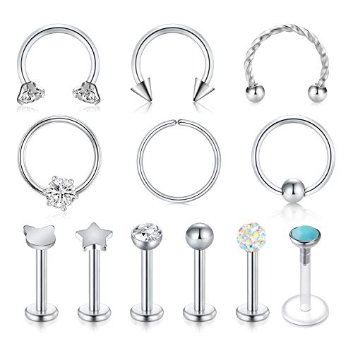 LAURITAMI 12pcs Piercing Helix Tragus Pendientes Pernos Aros Acero Quirúrgico 8mm 16G Flat Back Barbell Herradura Anillos Cartílago Labret Pendiente Piercing Joyas