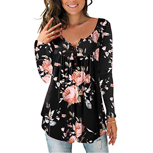 Lazzon Camisas Manga Larga Mujer Blusa Casual Suelto Túnico Botones Talla Tops Grande Otoño Invierno