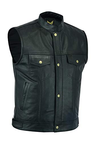 Leatherick SOA Chaleco de motociclista de cuero genuino para hombre, botones abiertos para montar y corte de moda estilo chaleco, con bolsillos profundos