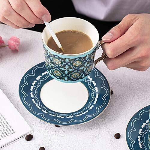 LEKOCH 200 ml de café de porcelana con una taza de café de 200 ml, un platillo de regalo y una taza de té para 2 personas. (Azul)