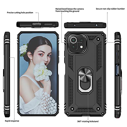 LeYi Funda para Xiaomi Mi 11 Lite 4G / 5G / Mi 11 Lite 5G NE con [2-Unidades] Cristal Vidrio Templado, Armor Carcasa con 360 Grados Anillo Soporte Hard PC Silicona TPU Bumper Antigolpes Case, Negro