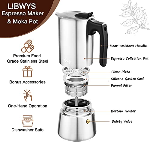 LIBWYS Juego de cafetera 7 en 1 de 300 ml/6 tazas de acero inoxidable de grado alimenticio Moka Pot Espresso Maker