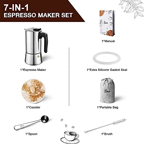 LIBWYS Juego de cafetera 7 en 1 de 300 ml/6 tazas de acero inoxidable de grado alimenticio Moka Pot Espresso Maker