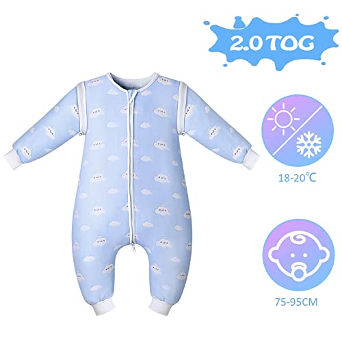 Lictin Saco de Dormir para Bebés-Saco de Dormir para Bebés con Mangas Extraíbles para Bebés Niños de 1-3 años de 75 a 95 cm 2.0 TOG Motivo de Cielo Azul y Nubes Blancas