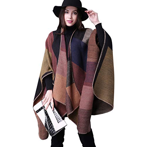 Lifetooler Poncho de mujer Chaqueta de frente abierto Chaqueta de invierno Dama de capa reversible Impreso de gran tamaño Envolturas a cuadros Tartán Patrón geométrico Mantón (cuadrado-caqui)