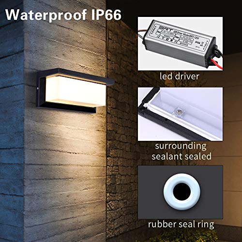 Lightess Apliques de Pared Exterior LED 12W Lámpara de Pared Impermeable IP65 Luz de Aluminio Iluminación para Balcón, Jardín, Porche, Camino, Patio, Negro (blanco cálido)