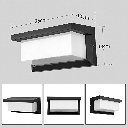 Lightess Apliques de Pared Exterior LED 12W Lámpara de Pared Impermeable IP65 Luz de Aluminio Iluminación para Balcón, Jardín, Porche, Camino, Patio, Negro (blanco cálido)