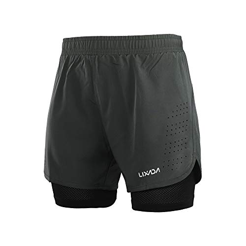 Lixada Hombres Pantalónes Cortos de Running 2-en-1, Pantalones Cortos de Atletismo, Pantalones Cortos de Fitness Maratón, Transpirable Pantalones+Secado Rápido (Gris Oscuro, L)