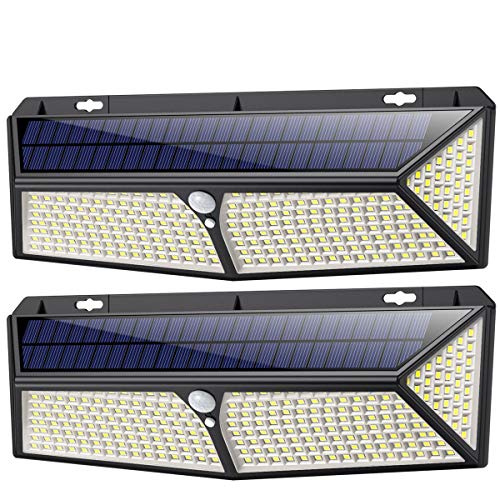 Luz Solar Exterior, [2020 Más Brillante Modelo 288 LED 2500 Lumens 2-Paquete] iPosible 270 °Iluminación Foco Solar con Sensor de Movimiento Impermeable 3 Modos Lámpara Solar para Jardín Camino