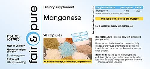 Manganeso 4mg - Gluconato de Manganeso natural y vegano - Oligoelemento - Alta pureza - 90 Cápsulas