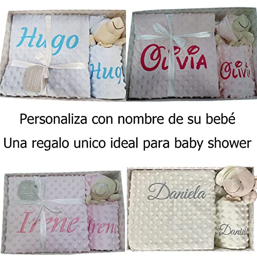 Manta de Bebe Personalizado con su Nombre Bordado, Cochecito o capazo. (Manta + DouDou Gris)