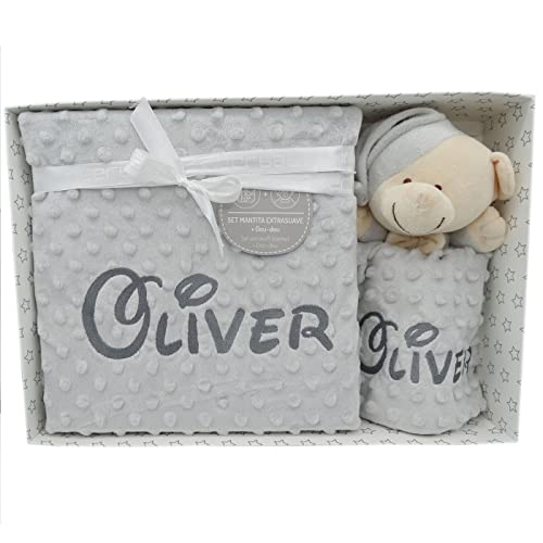 Manta de Bebe Personalizado con su Nombre Bordado, Cochecito o capazo. (Manta + DouDou Gris)