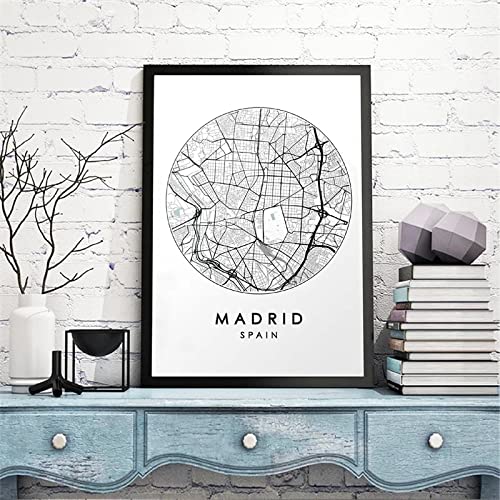 Mapa de la ciudad de Madrid Arte de la pared Impresión en lienzo y póster Mapa de la calle de España Cuadros de pintura Carteles de viaje en blanco y negro Decoración del hogar Sin marco-40x50cmX2