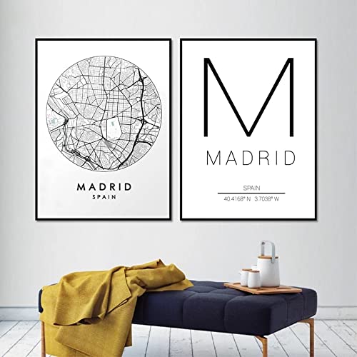 Mapa de la ciudad de Madrid Arte de la pared Impresión en lienzo y póster Mapa de la calle de España Cuadros de pintura Carteles de viaje en blanco y negro Decoración del hogar Sin marco-30x40cmX2