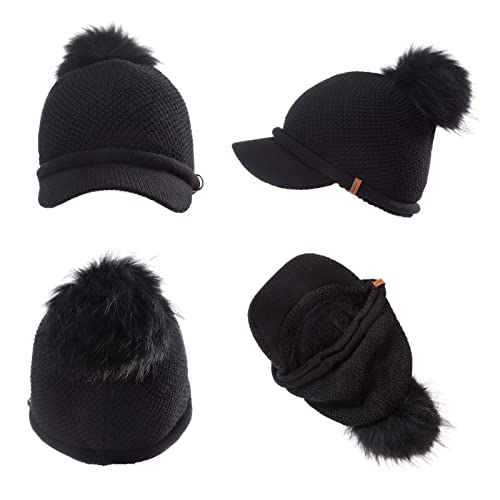 Marca Amazon – Hikaro Ladies Beanie Hat Invierno Beanie Sombrero Peaked Beanie Caliente Lana Sombrero De Punto Bobble Piel Sintética Beanie Sombrero Negro