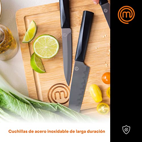 MasterChef 525521 Set de 5, Incl. mondador, Verduras, trinchar, Pan, Cuchillo de Cocinero y Soporte, Acero Inoxidable, Mangos ergonómicos, Stainless Steel