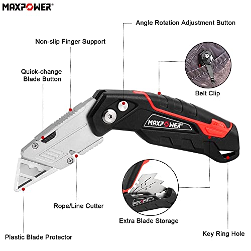 MAXPOWER Cúter Plegable de Cambio Rápido con Cuchillas de Recambio Adicional de 3 Piezas, Almacenamiento de Hoja, Diseño de Cortador de Línea y Clip para Cinturón