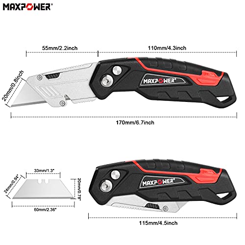 MAXPOWER Cúter Plegable de Cambio Rápido con Cuchillas de Recambio Adicional de 3 Piezas, Almacenamiento de Hoja, Diseño de Cortador de Línea y Clip para Cinturón