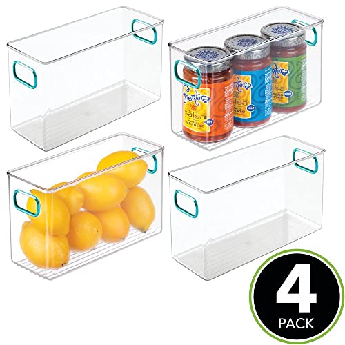 mDesign Cajas para nevera con asas – Cajas organizadoras altas para frigorífico, encimera o armarios de cocina – Organizador de cocina ideal para alimentos – Juego de 4 – transparente y azul