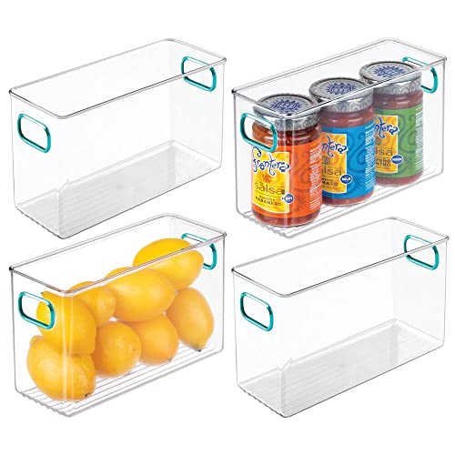 mDesign Cajas para nevera con asas – Cajas organizadoras altas para frigorífico, encimera o armarios de cocina – Organizador de cocina ideal para alimentos – Juego de 4 – transparente y azul