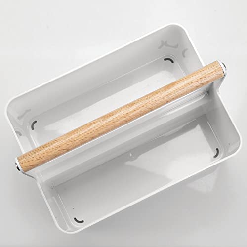 mDesign Cesta con asa para el baño – Caja organizadora con 2 compartimentos para cosméticos, maquillaje o pintaúñas – Organizador de cosméticos portátil de plástico con asa de madera – gris claro