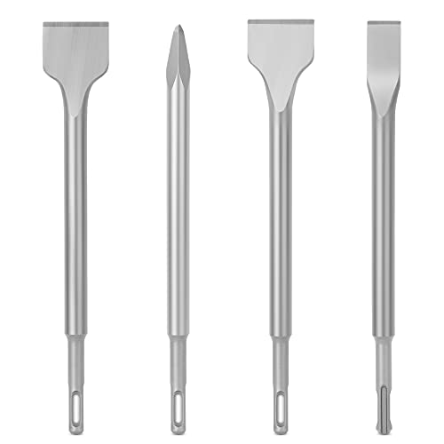 MEIGGTOOL Juego de 4 cinceles de taladro de martillo SDS Plus, ranurado de azulejos, raspado de punta plana, cinceles de escala, taladro de martillo para ladrillos, baldosas de cerámica, etc.