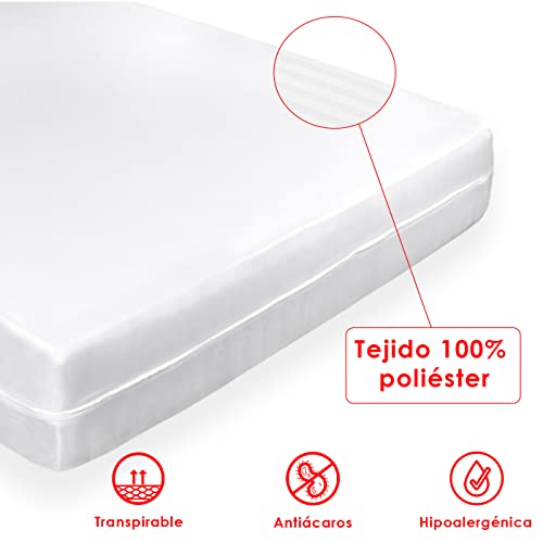 MERCURY TEXTIL-Funda de colchón, Microfibra, Anti ácaros, Anti bacterias, Transpirable, Estira hasta 25cm de Profundidad, Funda de colchón con Cremallera (Cama 90)