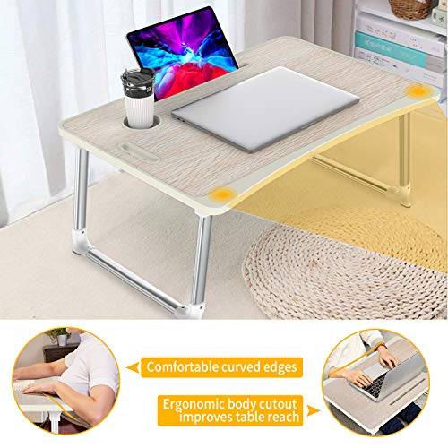 Mesa para Ordenador Portátil, Portátil Mesa Cama Plegable Mesa Escritorio Plegable con Portavasos/ Soporte para Tableta/ Manija (65*45 cm, Roble Amarillo)