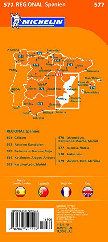 Michelin Valencia, Murcia. Straßen- und Tourismuskarte 1:400.000: Stadtpläne: Valencia, Alacant/Alicante, Murcia. Ortsverzeichnis. Entfernungen und Fahrzeiten: 577